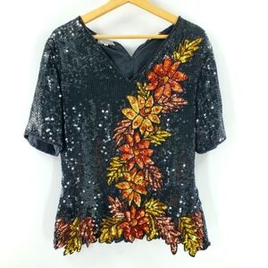 Vintage silk beaded black floral top Small